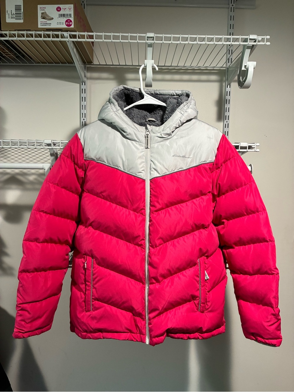 Eddie Bauer Hot Pink and Light Gray Hooded Puffer Jacket